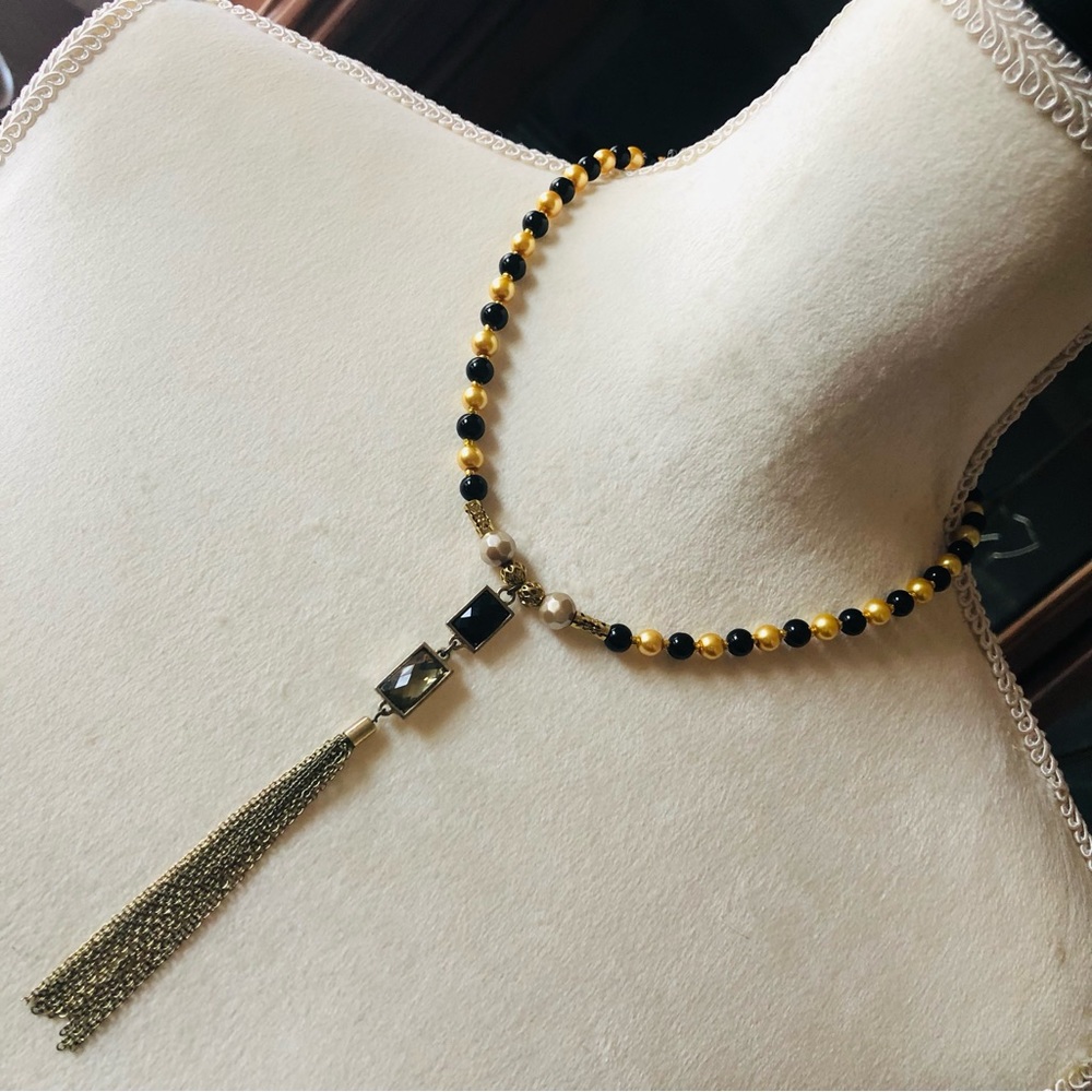 Handcrafted repurpose black and gold chain fringe Czech glass Pearl necklace